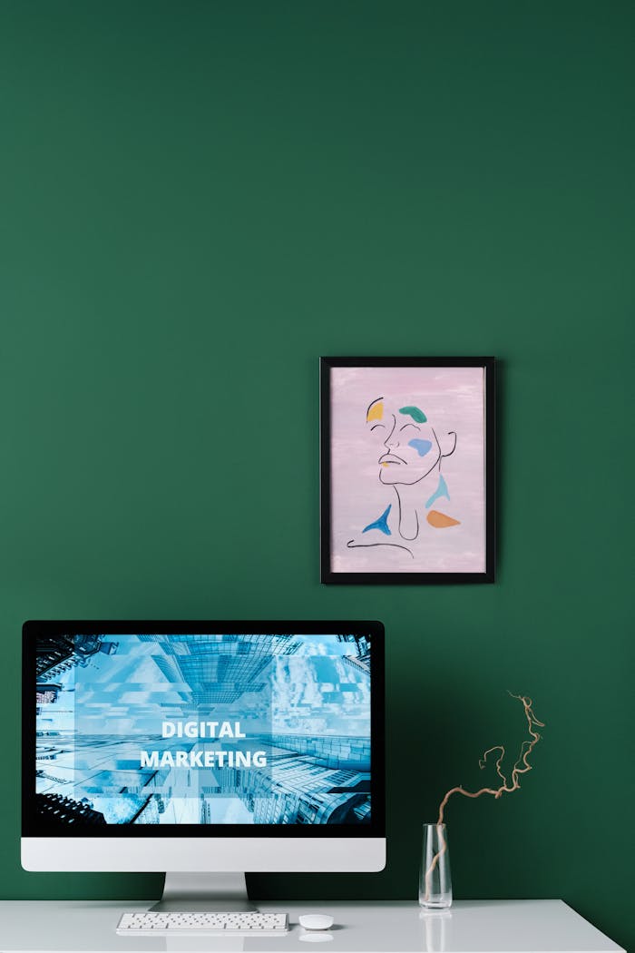 Contemporary workspace with digital marketing display, abstract art, and stylish decor.